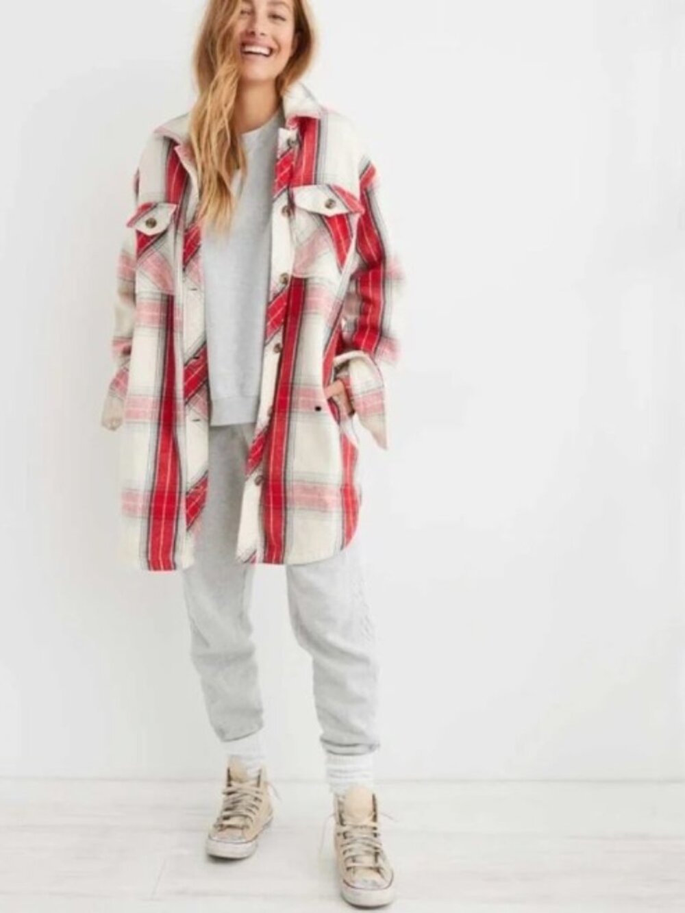 Aerie Oversized Plaid Flannel Shacket M Red White Heavy Outdoor Chilly Gorpcore